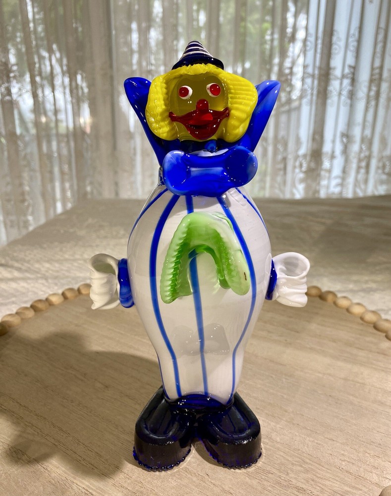 Vintage Cobalt Blue Striped Glass Clown Figurine with Pointed Hat 9 Inches Tall
