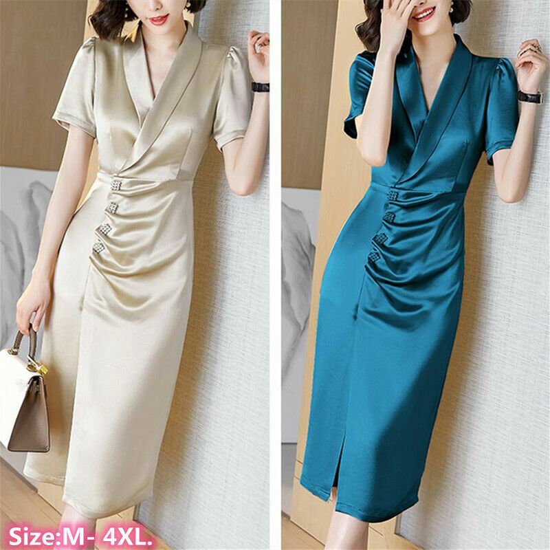 Womens Faux Satin Silk Pencil Dress Short Sleeve Button Side Split Work Office