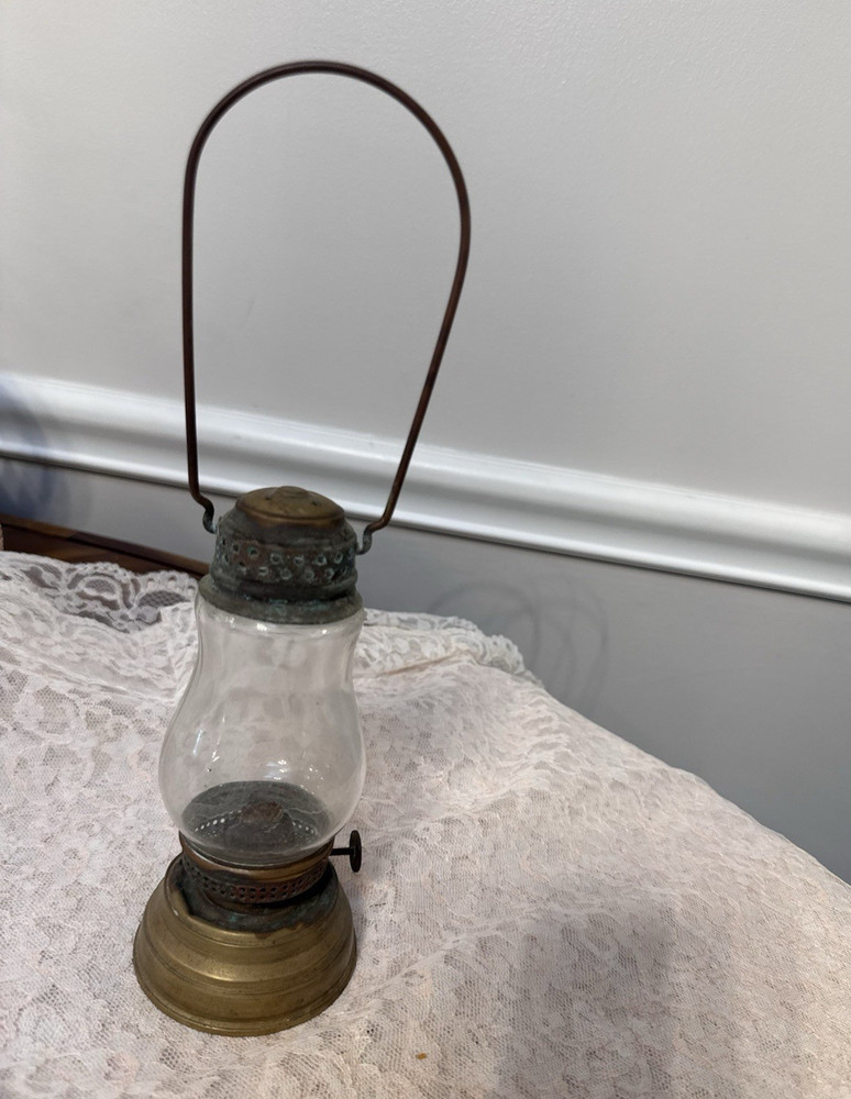Antique Miniature Brass Skaters Lantern Finger Loop Oil Lamp Glass Globe Vintage
