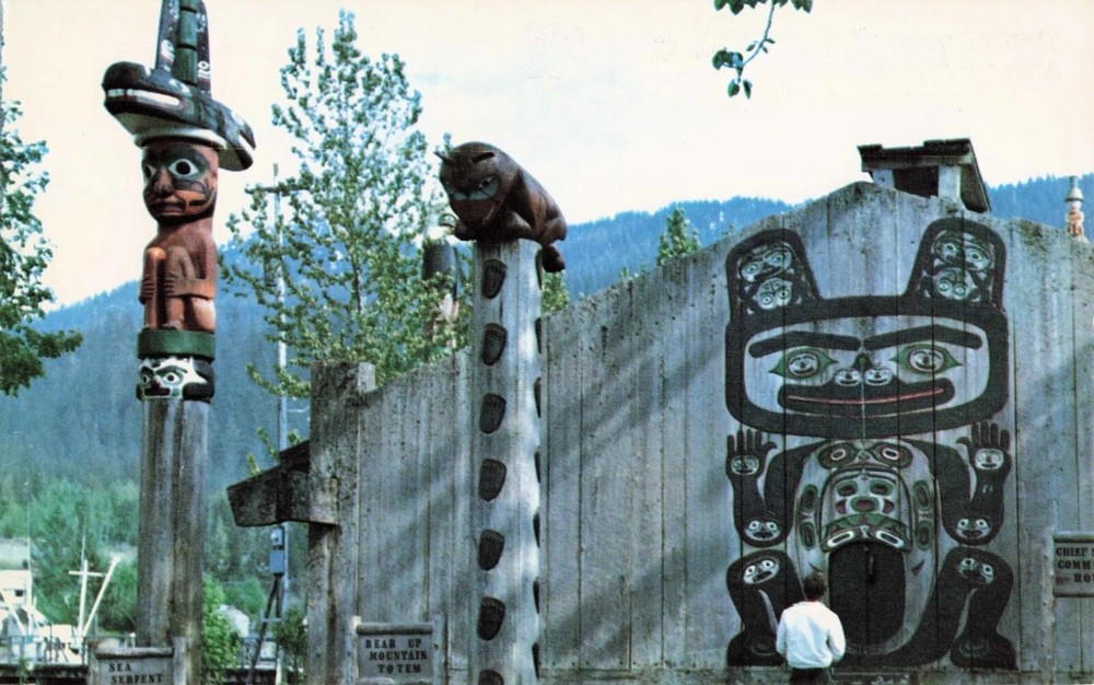 Sea Serpent Totem & Bear Up Mountain Totem - Wrangell Alaska AK - Postcard