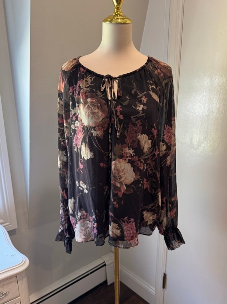 Joie | Women's Sheer Black with Floral design Peasant Blouse | Size XL