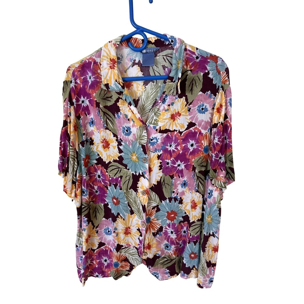 Vtg Koret Womens Floral Blouse Button Down Short Sleeve Multicolor Size 1X