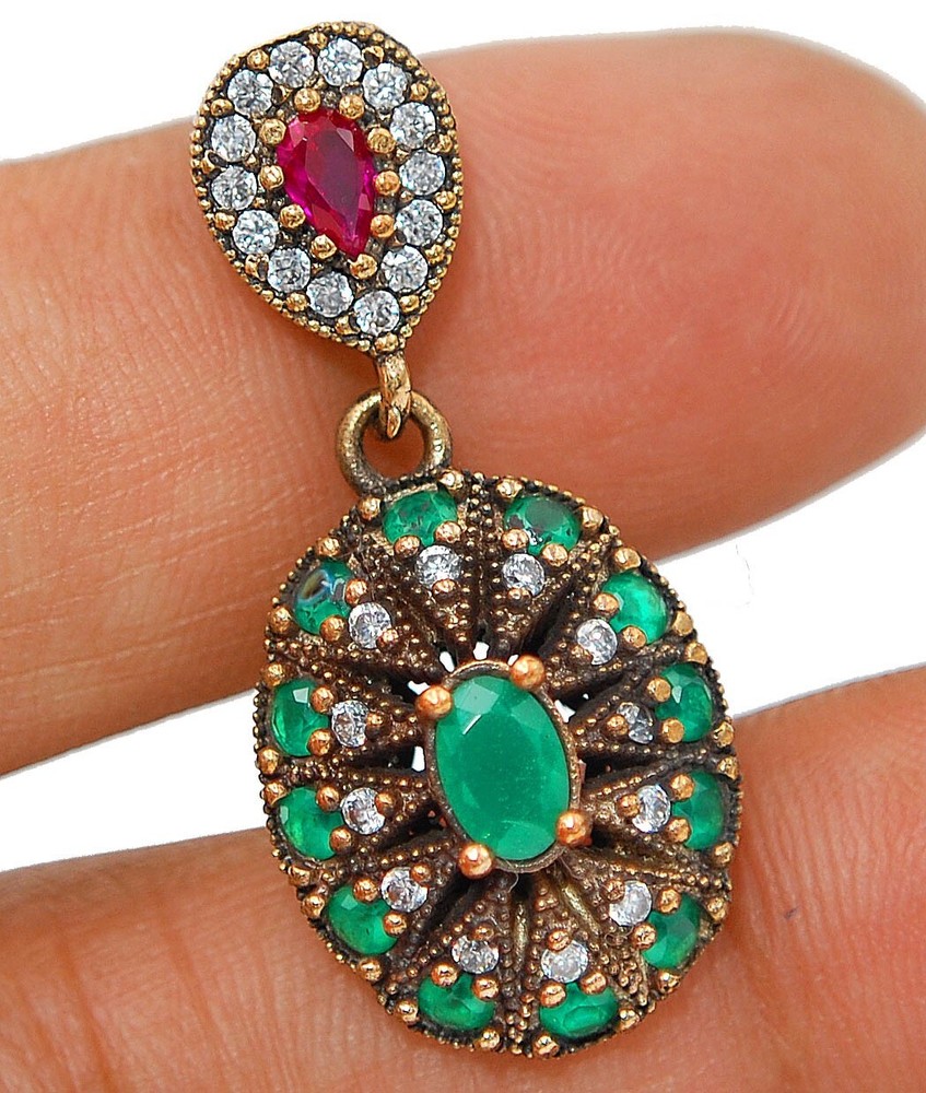 Ottoman Empire Inspired 2CT Treated Emerald 925 Sterling Silver Pendant