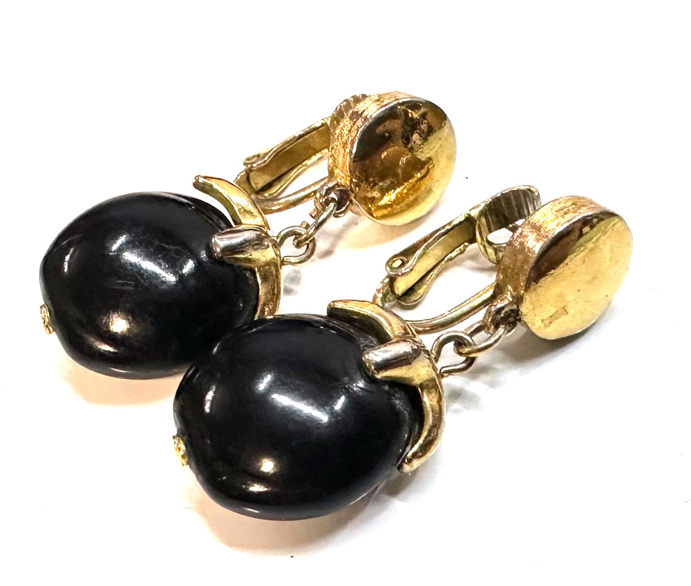 Signed CROWN TRIFARI Vtg Costume Black Gold Tone Pierced Earrings Jewelry Lot I