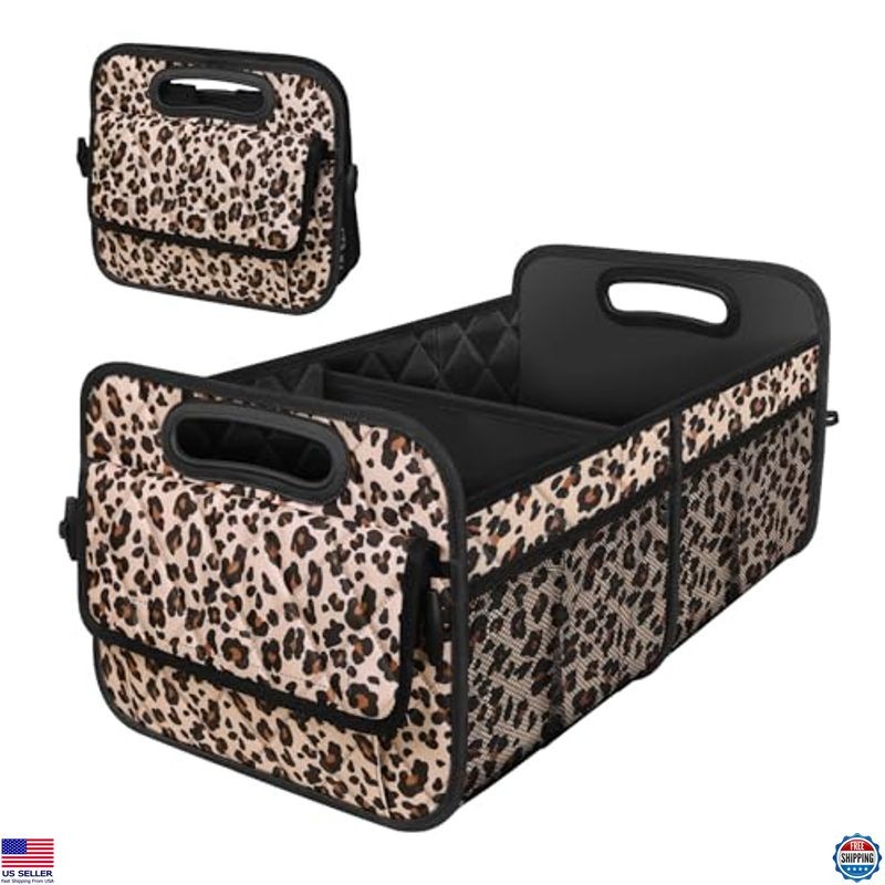 50L Waterproof Car Trunk Organizer with 6 Pockets for SUV Minivan Truck in Leopard Print