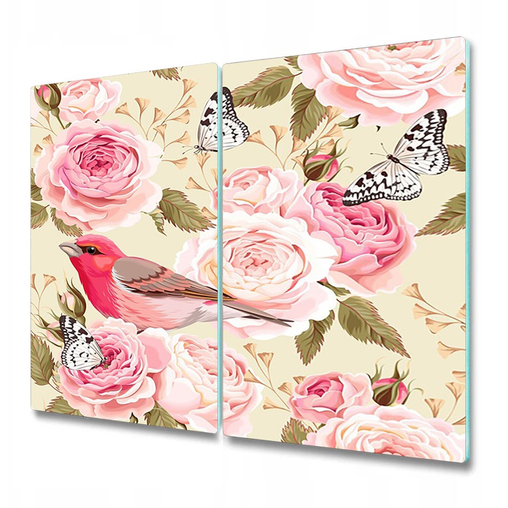 Tempered Glass Bread Board Worktop protector Floral birds pink and green 2x30x52