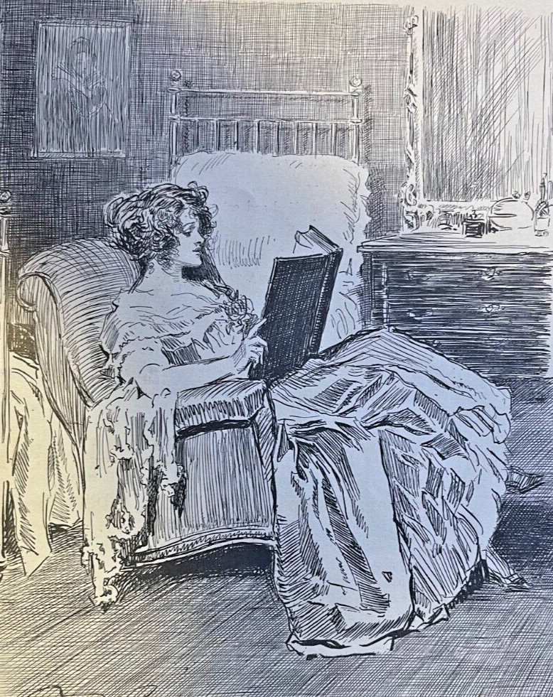 1911 Charles Dana Gibson Print of Elegant Woman Reading