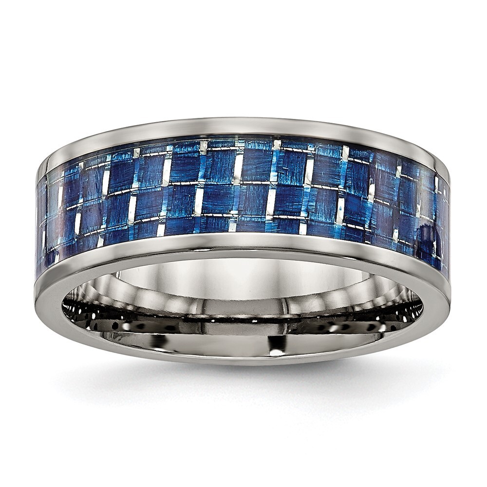 Titanium Polished with Blue Carbon Fiber Inlay 8mm Flat Band Ring Size 10