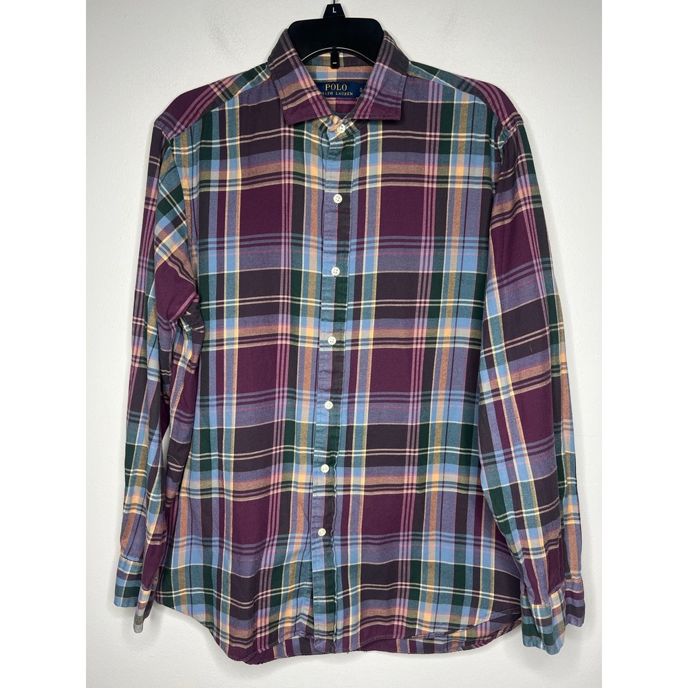 Polo Ralph Lauren Flannel Button Down Shirt Plaid Purple Blue Yellow Men's XL