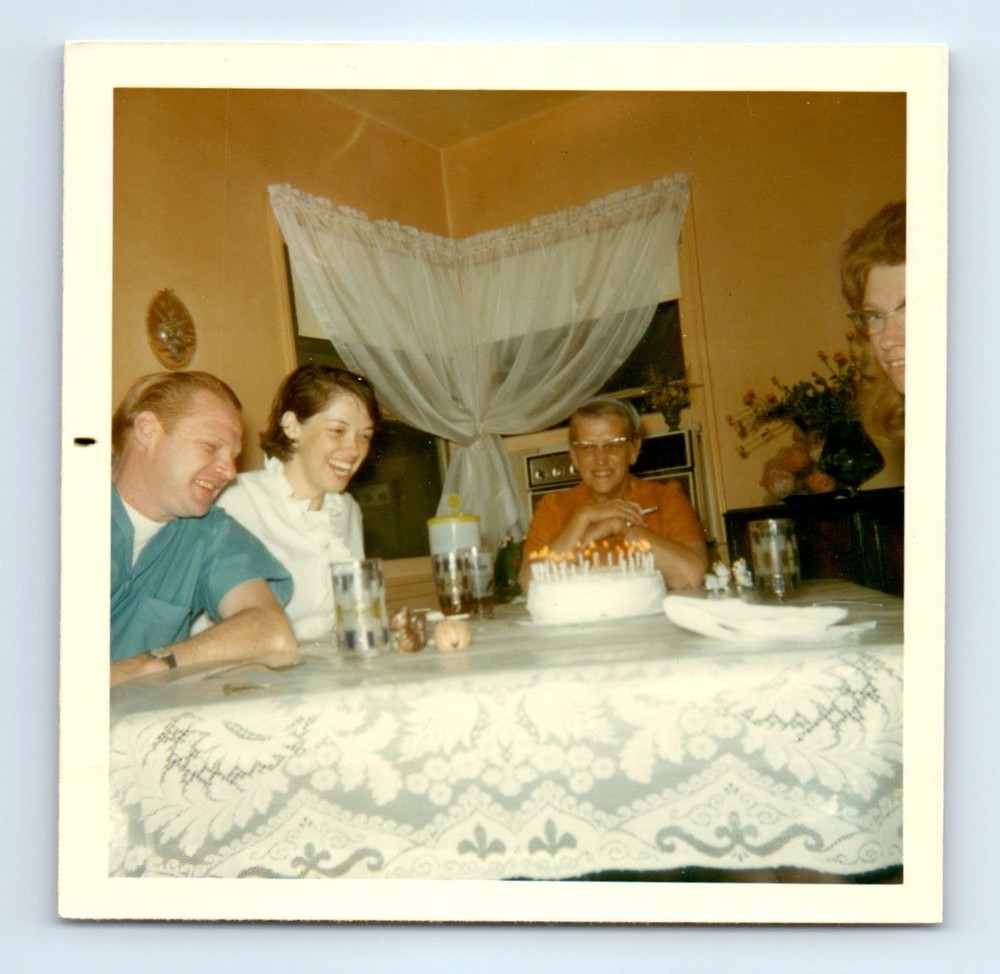Old Vintage Square Color Photo MAN WOMEN FOURSOME BIRTHDAY CAKE DINING TABLE
