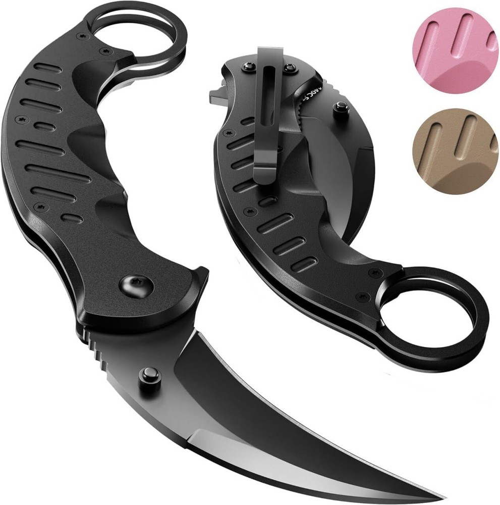 GW Knives Karambit Folding Knife Curved Sharp Claw Blade Finger Ring - Black