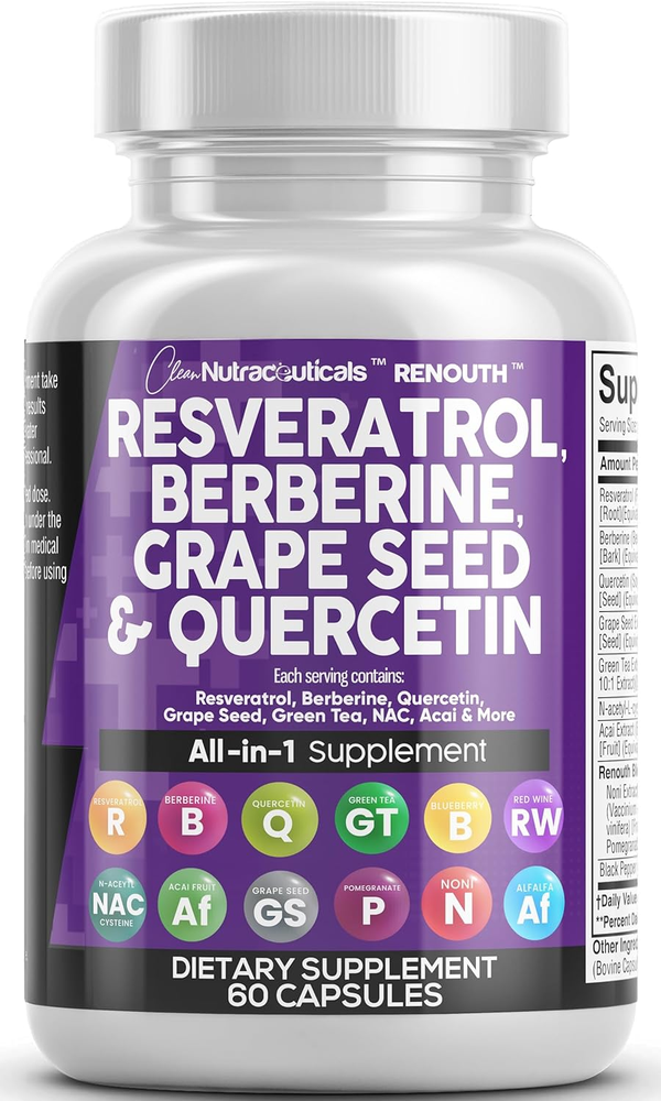 Resveratrol Berberine Supplement with Quercetin, Green Tea & Acai - 60 Capsules