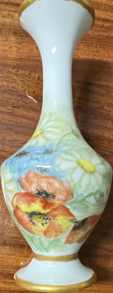 Hand Painted Porcelain Floral Vase White/Multicolor Gold Trim 8in MPN MA