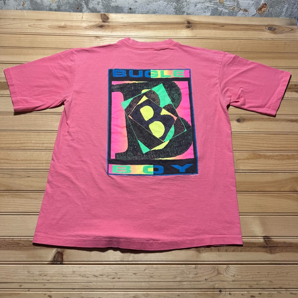 Vintage 80s Bugle Boy Neon Abstract Logo Surf Skate Graphic T-Shirt USA - Large-image