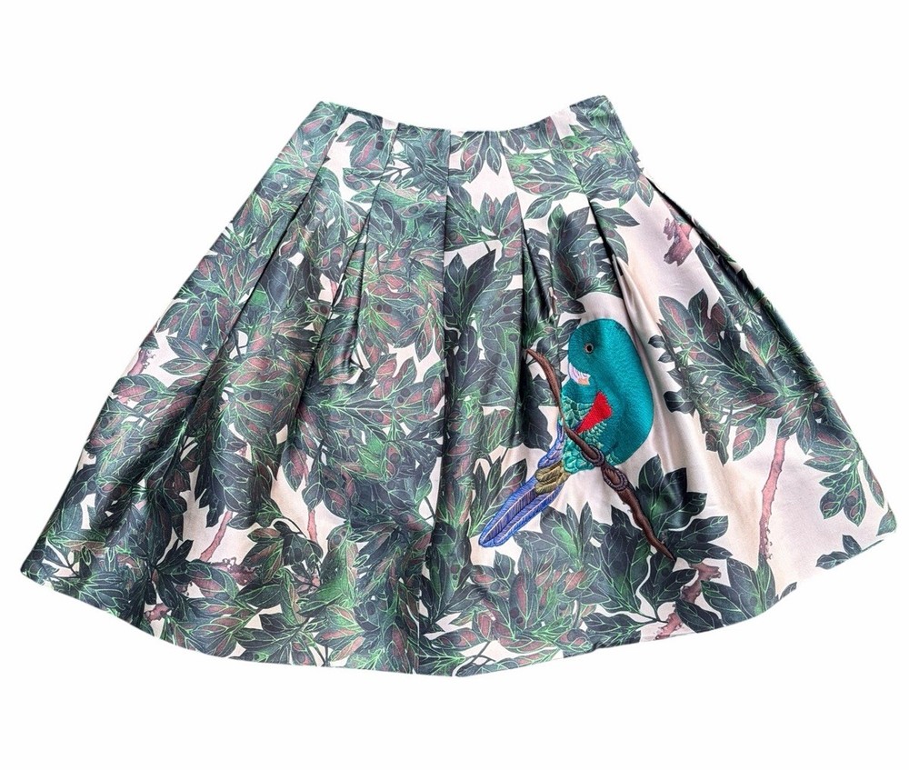 Oscar De La Renta Silk Cotton Pleated Mini Skirt Embroidered Bird Size 6