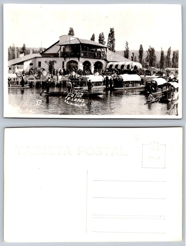 Xochimilco Mexico City RPPC Postcard E. Lopez Trajineras Boats 1920s