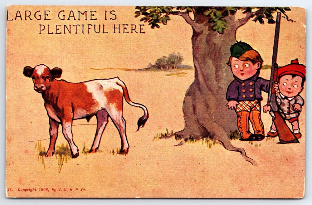 Vintage Old Antique Postcard Boys Rifle Gun Hunting Cow Game Tree 1906