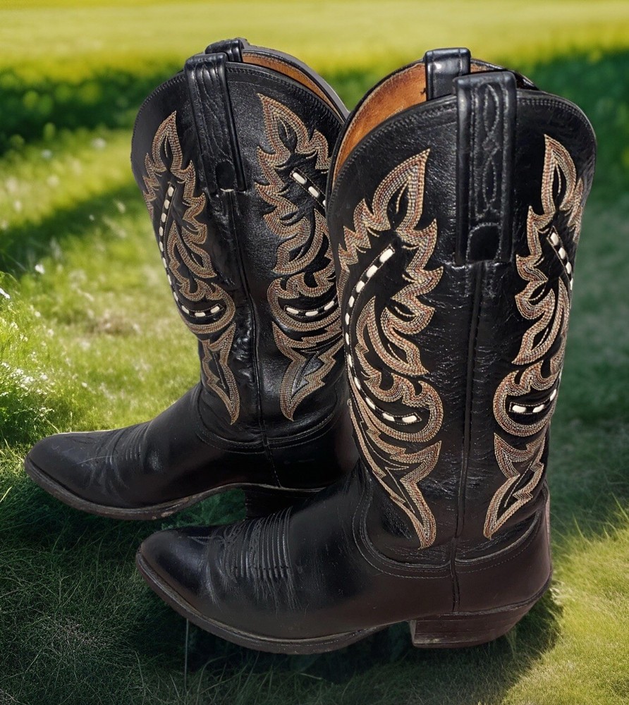 Vintage Lucchese 2000 Black Leather Cowboy Boots Bobby II Stitch Tejas Toe 2004  