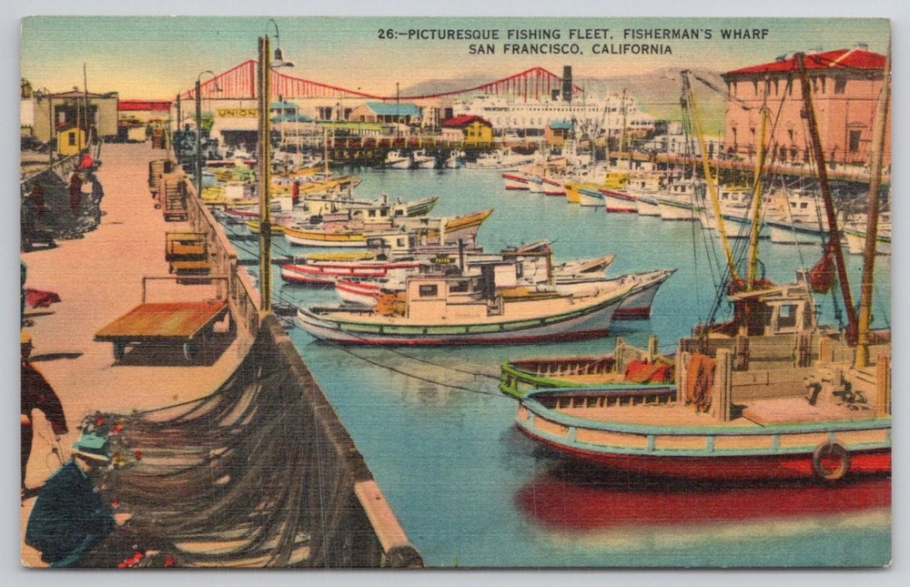 Vintage Linen Postcard Fisherman's Wharf Fishing Boats San Francisco CA