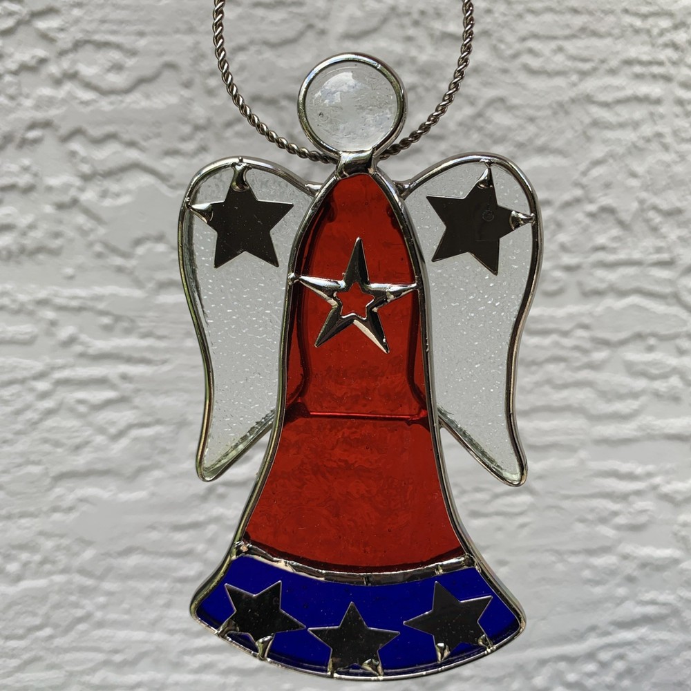 Patriotic Angel Ornament suncatcher stained glass red white and blue