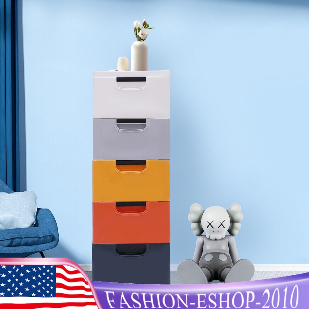 4 Wheel 5 Drawers Dresser Morandi Plastic Clothes Storage Cabinet Stackable5Tier
