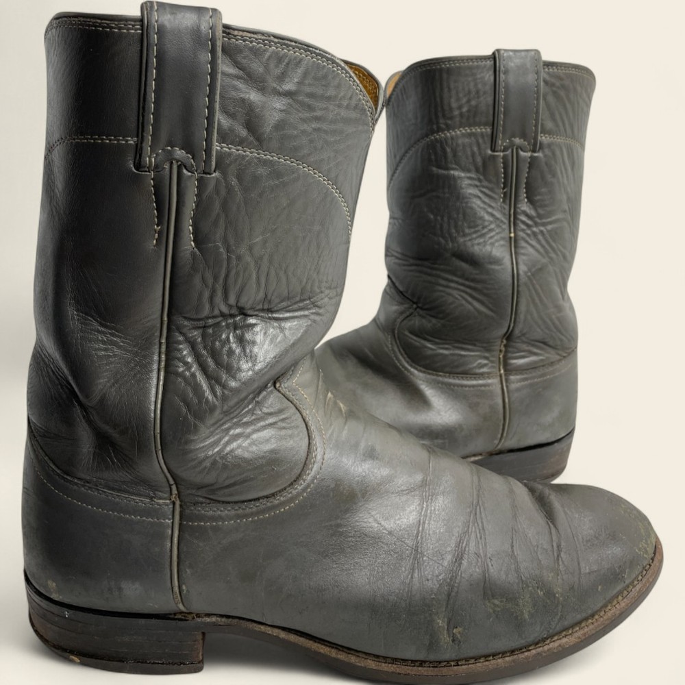 VTG Justin Roper Distressed Gray Leather Western Cowboy Biker Boots Men's 10D