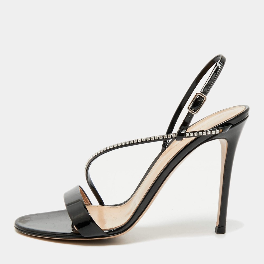 Gianvito Rossi Black Patent Leather Crystal Embellished Slingback Sandals Size