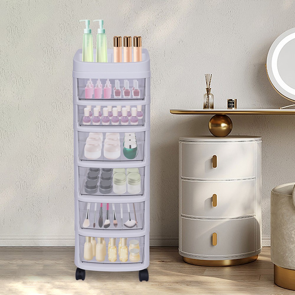 White 6 Drawer Plastic Storage Rolling Cart Organizer Cabinet Trolley w/Wheels