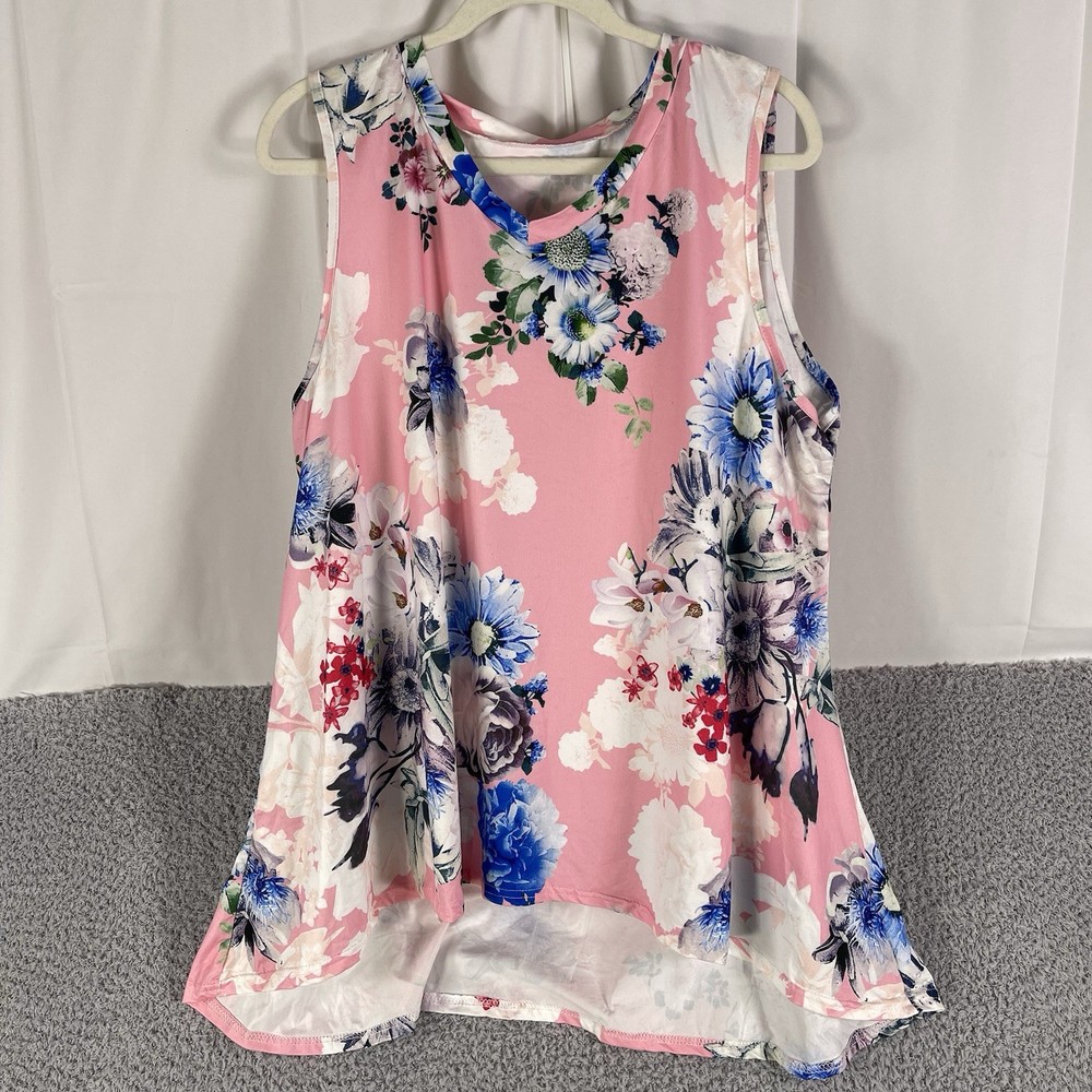 Womens 3XL Floral Tank Top Pink Sleeveless Swing Tunic Stretch Casual