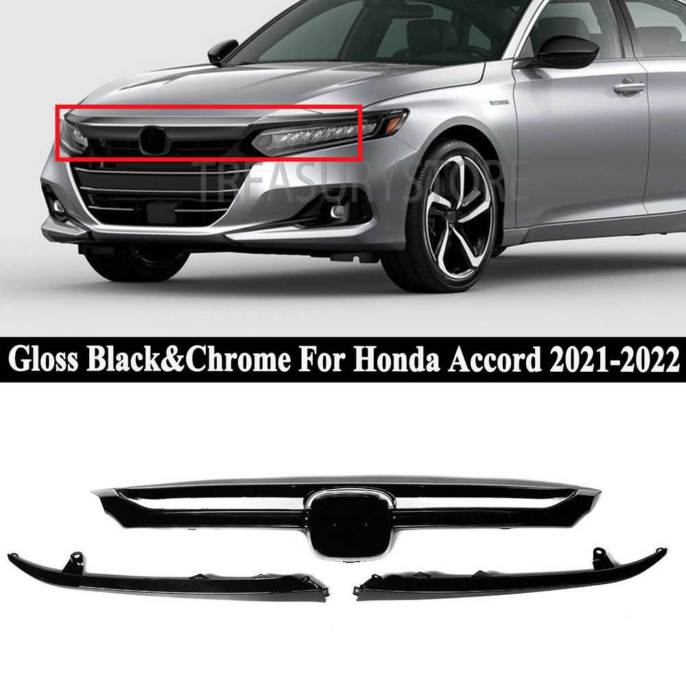 For Honda Accord 2021-2022 JDM Style Gloss Front Grille Garnish W/ Chrome Trim