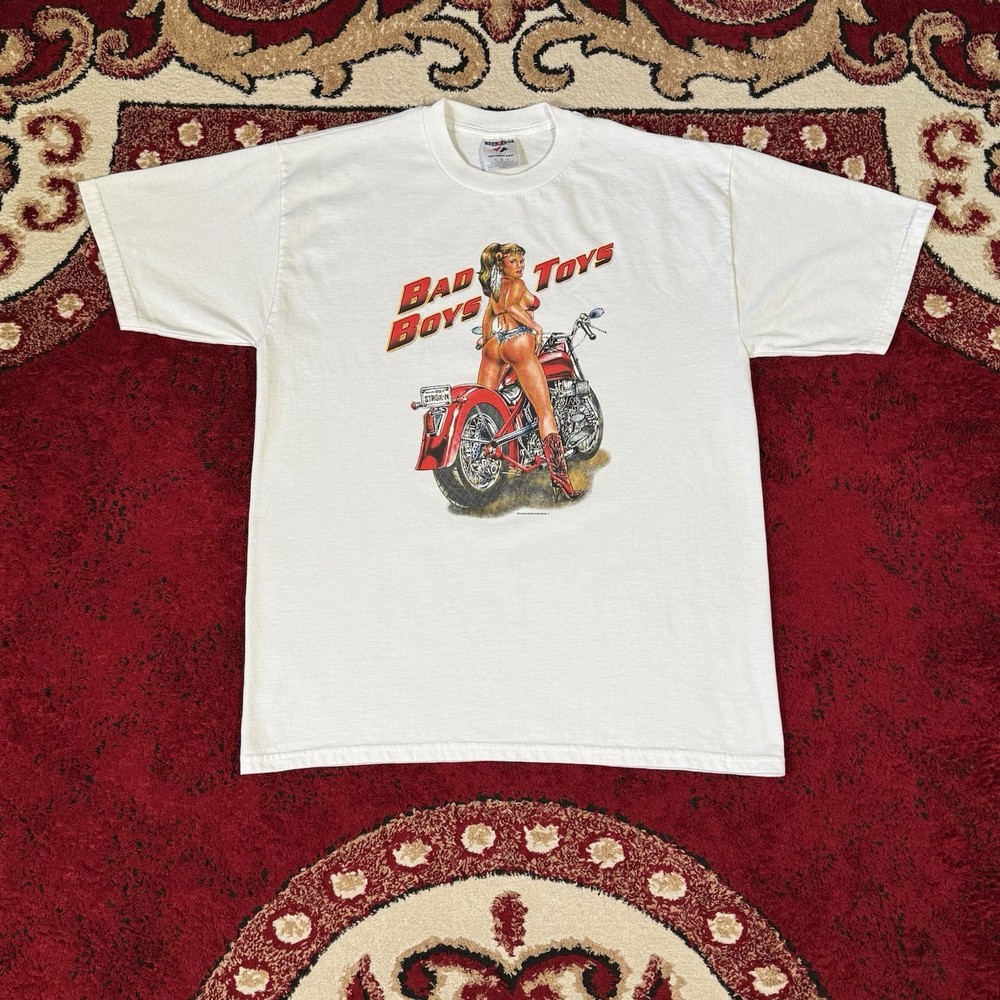 Vintage 90s Bad Boys Toys STROKN Biker Bikini Girl White T Shirt Size L Jerzees