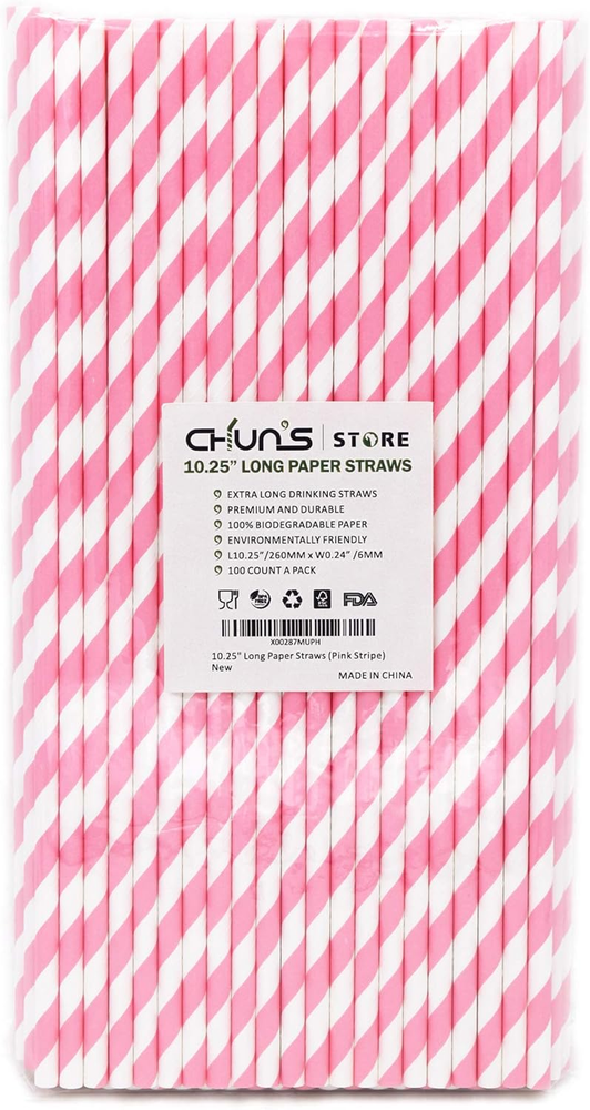 Biodegradable Pink Paper Straws for Drinking - 10 Inches Long, 0.24
