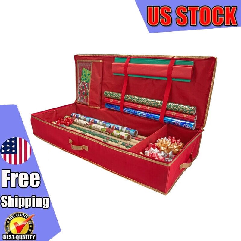 Holiday Gift Wrap Storage Tote with Handles & Zipper - Red Polyester Organizer  