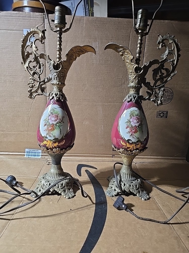 pair of antique-vintage porcelain metal ewer-style lamps. Parlor Lamps 1940’s