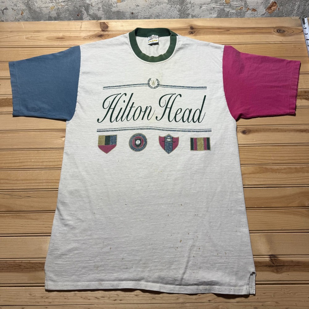 Vintage 90s Hilton Head Colorblock Single Stitch Graphic Ringer T-Shirt - L/XL