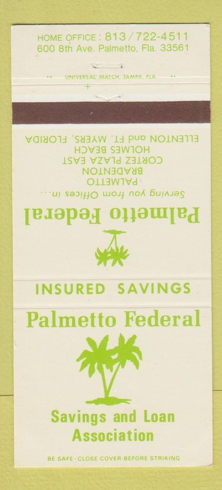 Matchbook Cover - Palmetto Federal Savings Loan Palmetto FL Bradenton 30 Strike