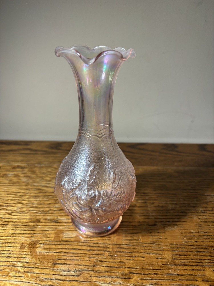 Imperial Glass Open Rose Pink Carnival Glass Bud Vase, 6.25