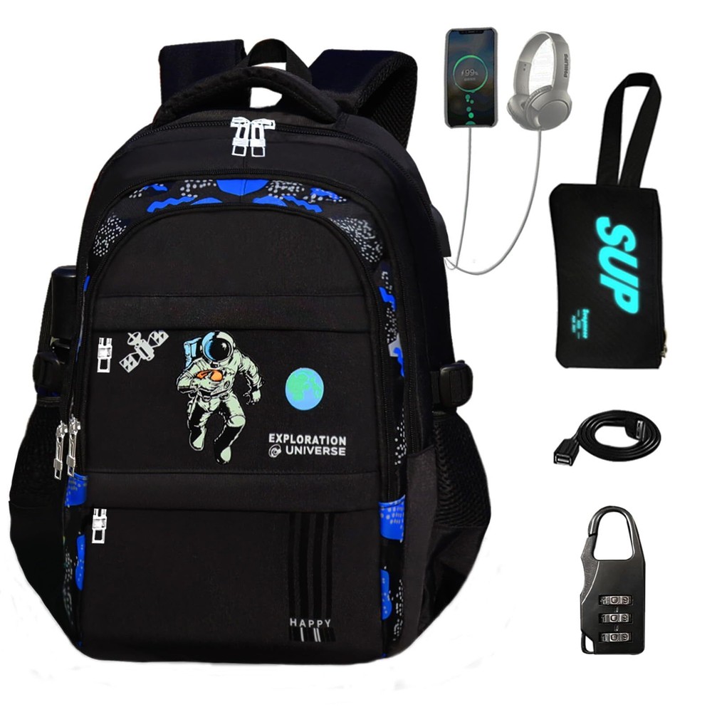 Glow-in-the-Dark Astronaut Backpack with USB Charging Port for Boys