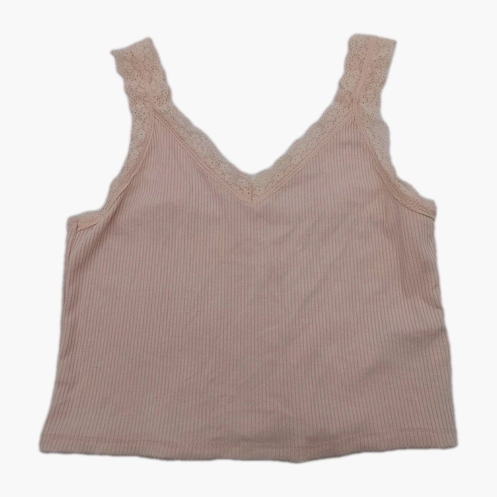 American Eagle Womens Tank Top Size Medium Pink Cropped Ribbed Lace Knit Y2K