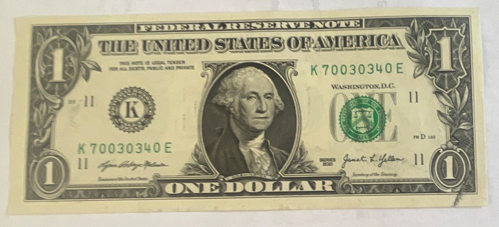 2021 $1 Federal Reserve Note Circulated K70030340E Washington D.C. Banknote