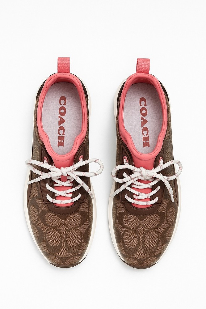 Pair of Coach C270 Signature Tech Runner Sneakers In Khaki/Saddle with Pink Trim
