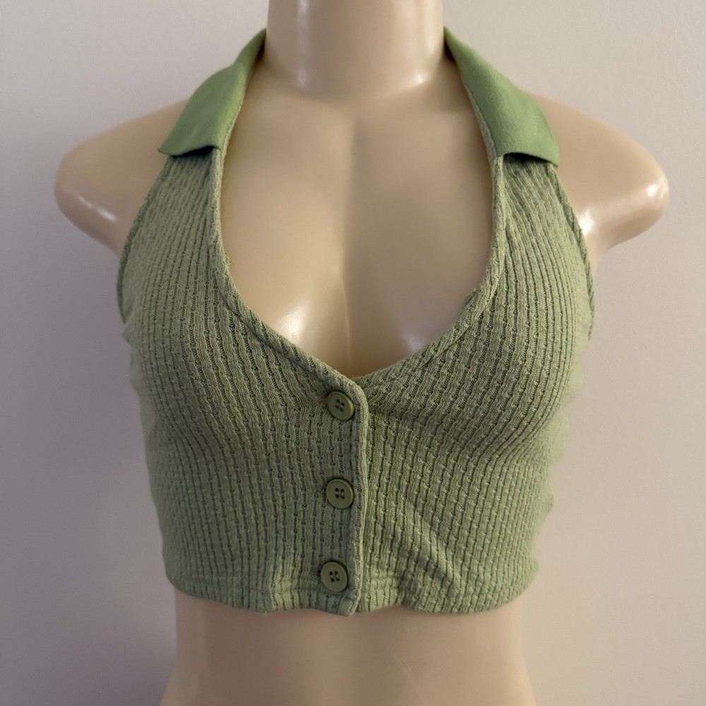 Princess Polly Green Knit Button Halter Backless Crop Tank Top Size 4 Tessa