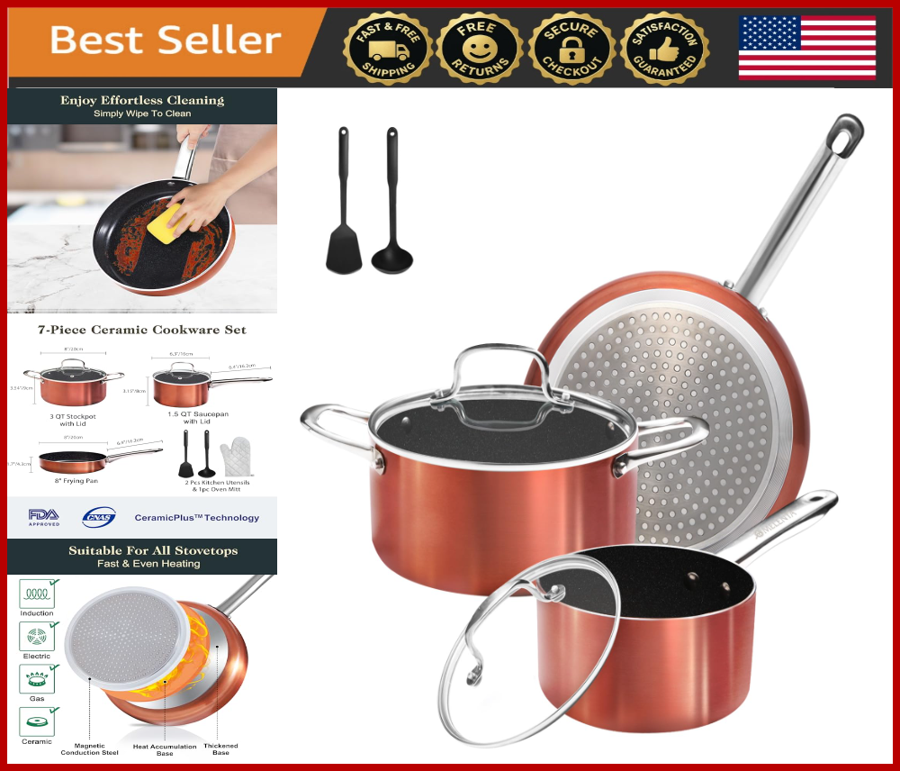 7pc Non-Stick Ceramic Cookware Set - Induction & Oven Safe PFOA-Free Copper Coating