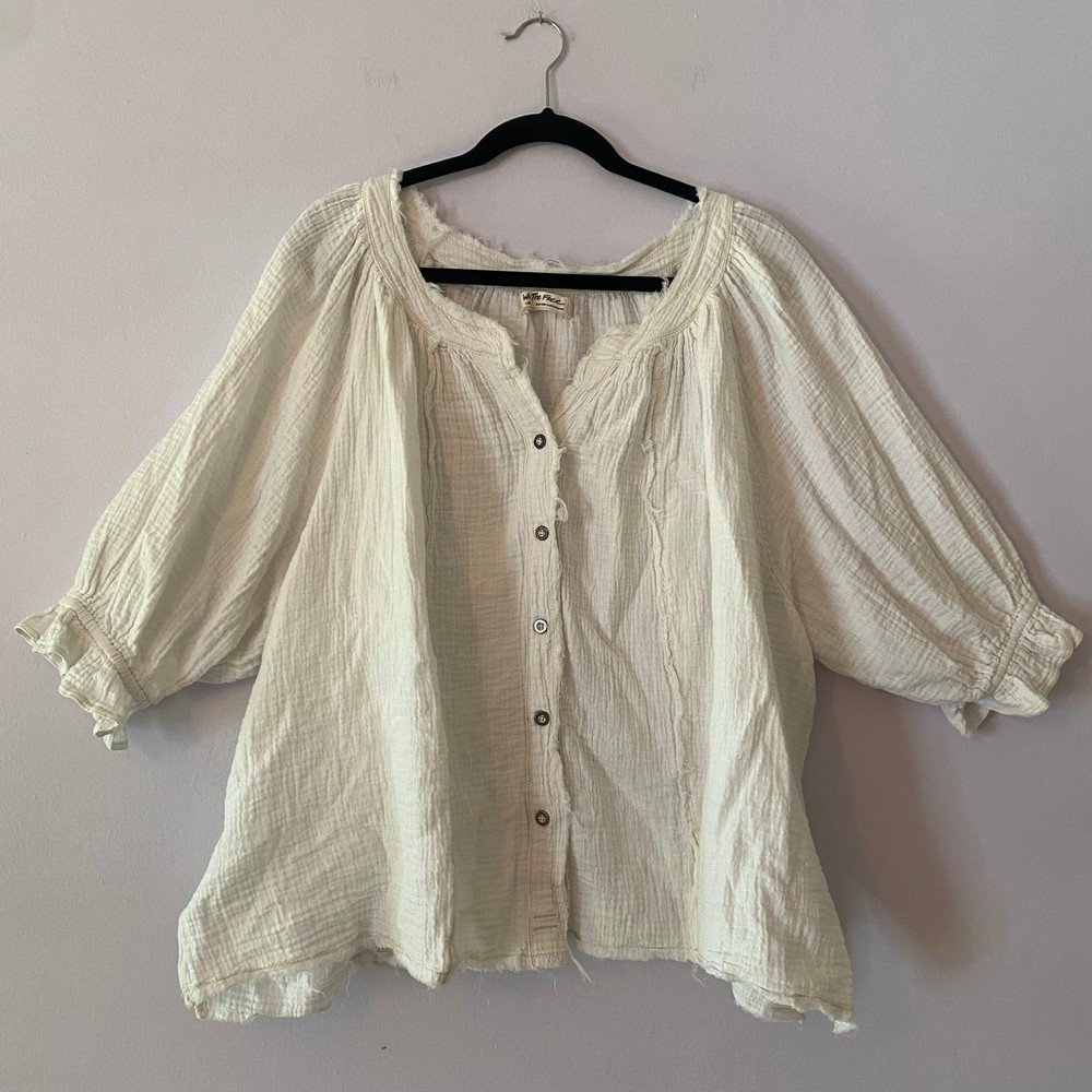 We The Free White Gauze Long Sleeve Button Down Shirt Boho Loungewear size Large