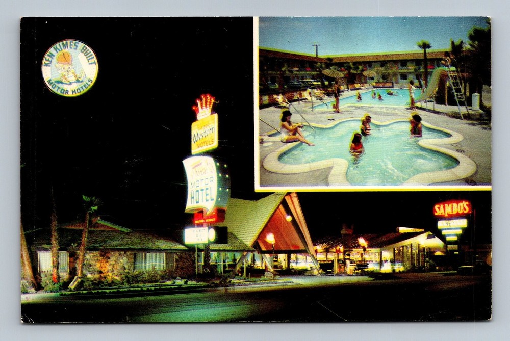 Vintage Tropics Motor Hotel Blythe CA Postcard Pool Night Sign AAA