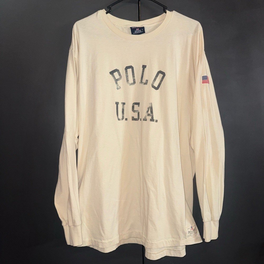 Vintage Polo Sport Ralph Lauren Shirt Mens Large Long Sleeve Cream USA 90s VTG