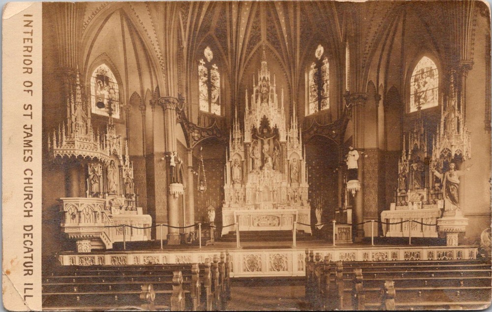 RPPC Interior of St James Church, Decatur IL Altar Rail Pews Postcard V01