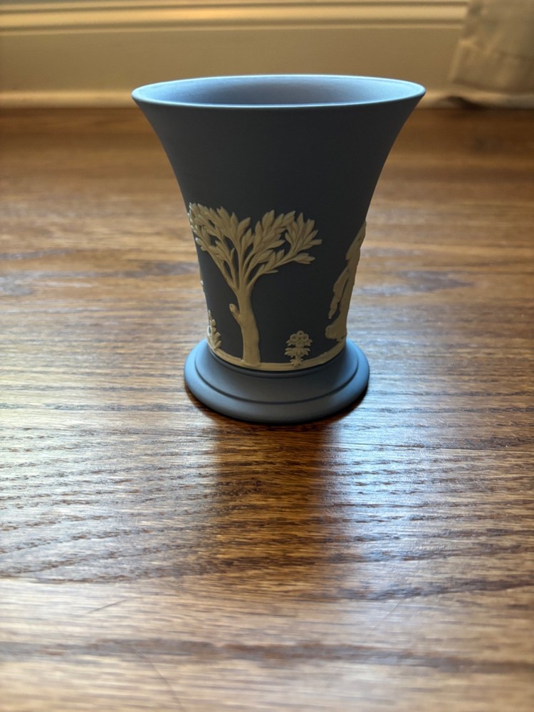Vintage Wedgwood Dark Blue Jasperware Trumpet Vase — Classical Figures, Trees &