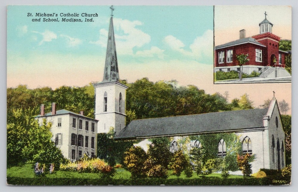 St. Michael's Catholic Church & School Madison Indiana Postcard Curteich