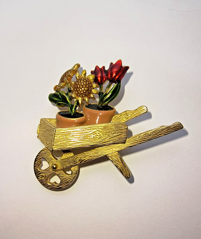 Vintage Gold Tone Wheelbarrow Flower Brooch Enamel Floral Garden Pin